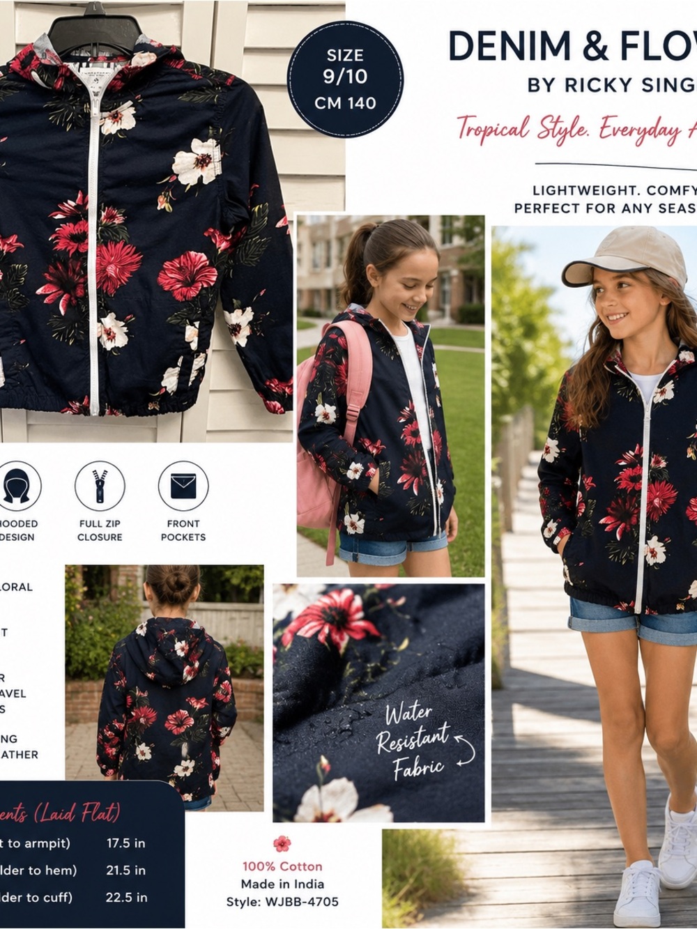 Denim & Flower Ricky Singh Floral  Windbreaker Jacket 9/10 Tropical Hooded Zip